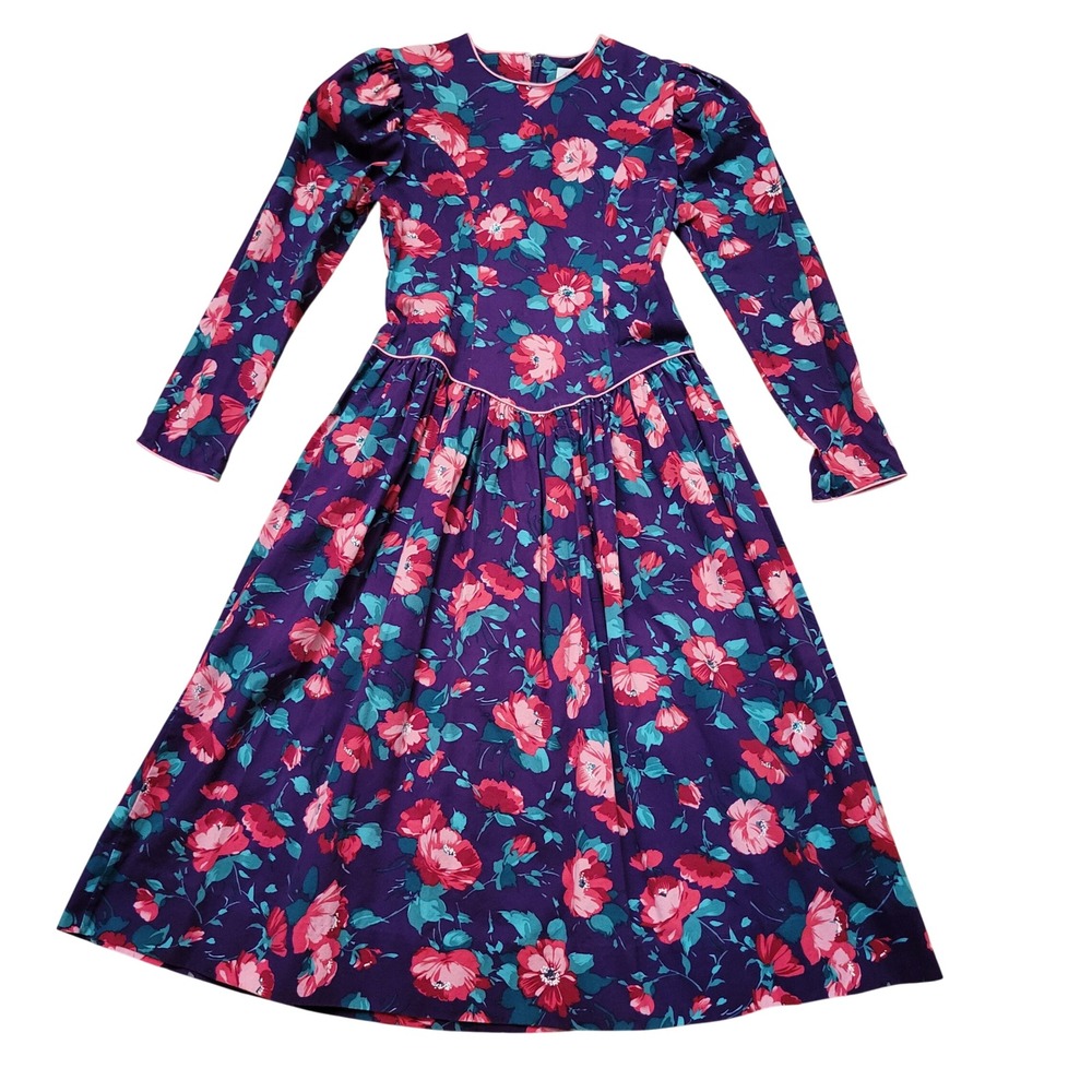 Vintage 8 Midi Dress Purple Dark Floral Puff Sleeve Moody Cottage Prairie USA